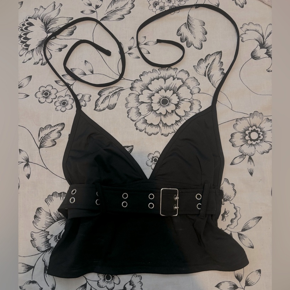 emo goth belt buckle black halter top 🖤🖤 so so cute